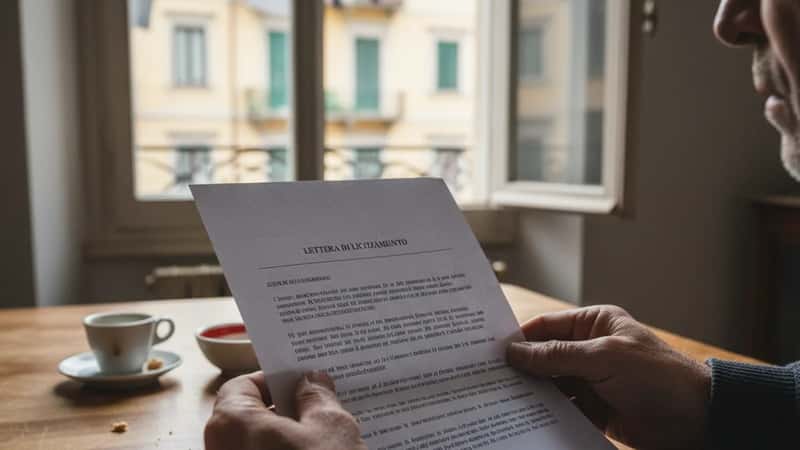 Lavoratore tessile legge lettera di licenziamento al tavolo di casa, Genova