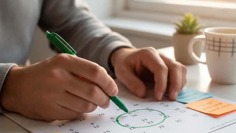 Danske hænder cirkulerer feriedatoer i en papirskalender med grøn pen og farverige klæbemærker i et Aarhus kontor