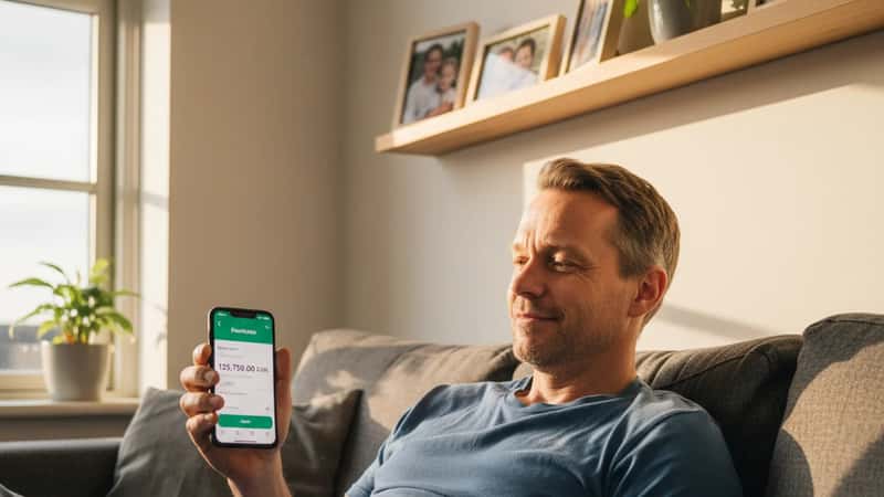 Dansk fabriksarbejder i Vejle tjekker FerieKonto-balance på smartphone i afslappede hjemmeomgivelser med varmt eftermiddagslys