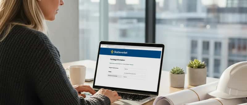 Svensk husägare kontrollerar hantverkarens F-skatt och organisationsnummer på Skatteverkets webbplats