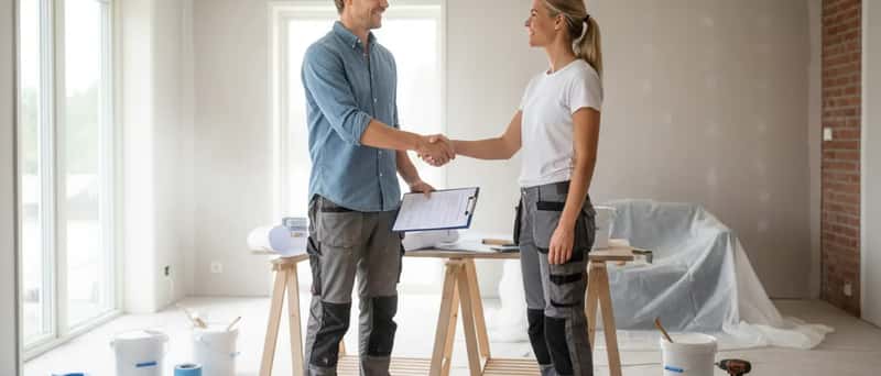 Hantverkare och husägare skakar hand framför ett renoveringsprojekt i ett svenskt hem