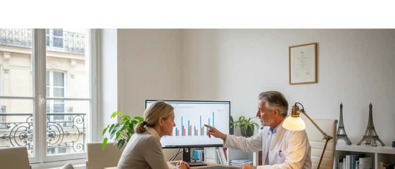 Huisarts bespreekt gezondheidsresultaten op computerscherm met patiënte in Nederlandse praktijk