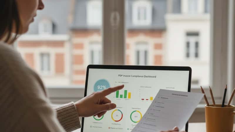 Professionnelle française évaluant des logiciels PDP de facturation électronique dans un bureau lillois
