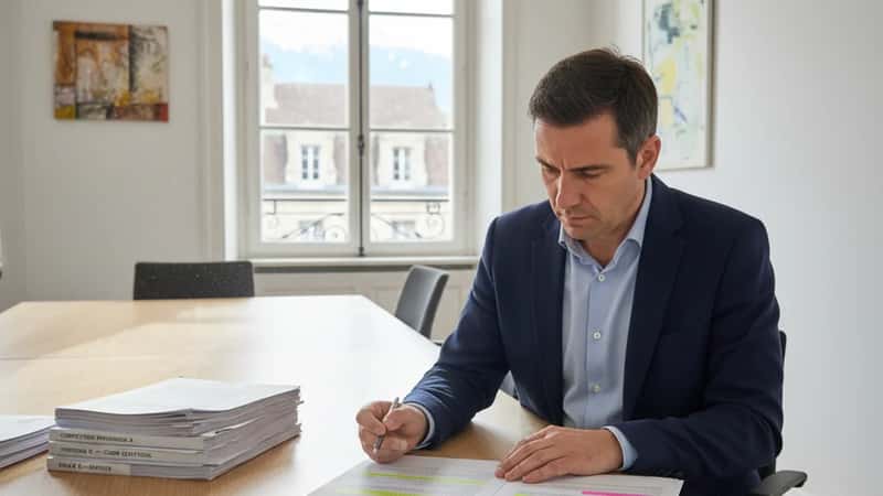 Directeur financier français examinant un contrat PDP dans une salle de réunion à Grenoble