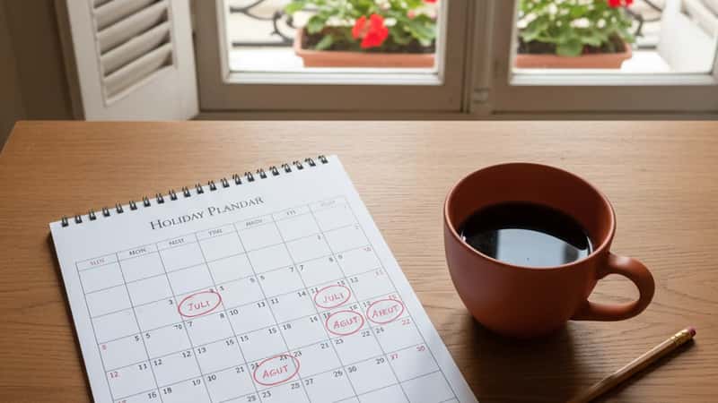 Utskriven semesterkalender med markerade semesterdagar på skandinaviskt trä-skrivbord