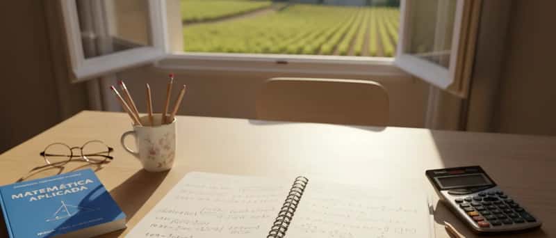 Caderno de estudo aberto com equações de álgebra e calculadora gráfica sobre uma mesa de madeira