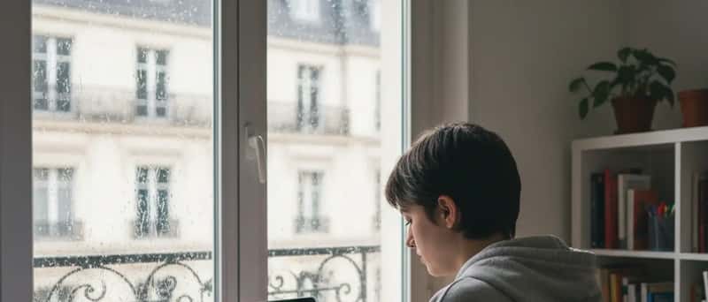 Estudante universitário português a estudar cálculo num apartamento no Porto com luz natural