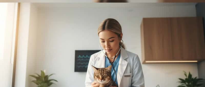 Veterinarian examining a tabby cat with a stethoscope during a wellness check-up in a modern Canadian clinic
