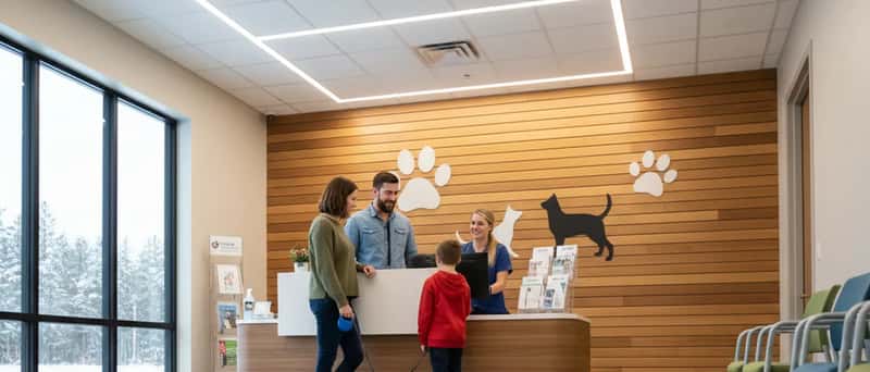 Family checking in at a welcoming Canadian veterinary clinic reception area with their small dog