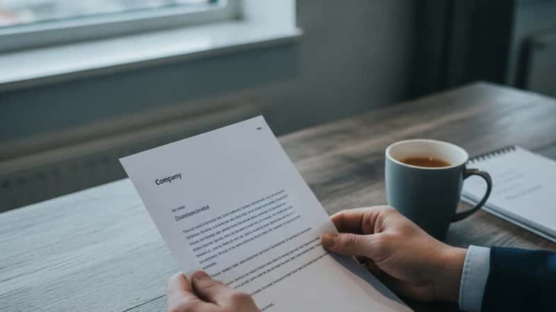 Norsk arbeidstaker holder oppsigelsesdokument over kontorpult i Stavanger med kaffekopp og notisbok ved siden av