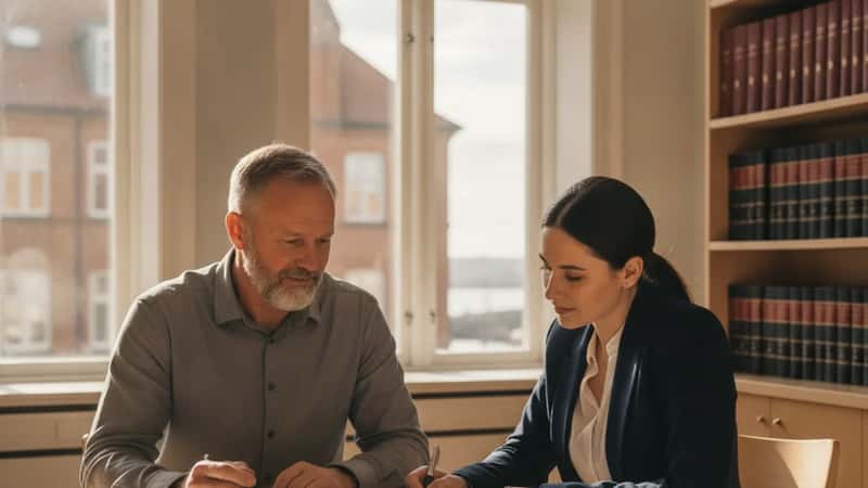 Norsk arbeidstaker og arbeidsrettsadvokat i konsultasjon over dokumenter ved bord i Trondheim kontorbygg