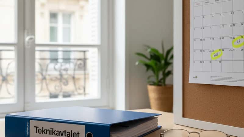 Uppslaget Teknikavtalet med semesterdagar markerade i gult på en väggkalender, naturligt diffust ljus, läsglasögon bredvid