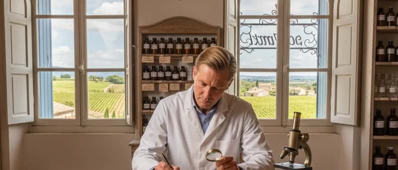 Heilpraktiker untersucht Kräuterproben an seinem Schreibtisch in einer Naturheilpraxis