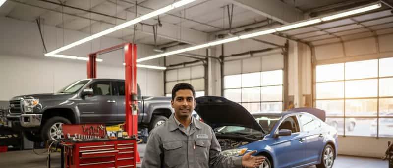South Asian Canadian mechanic explaining car repair in a three-bay independent auto shop in Mississauga, Ontario