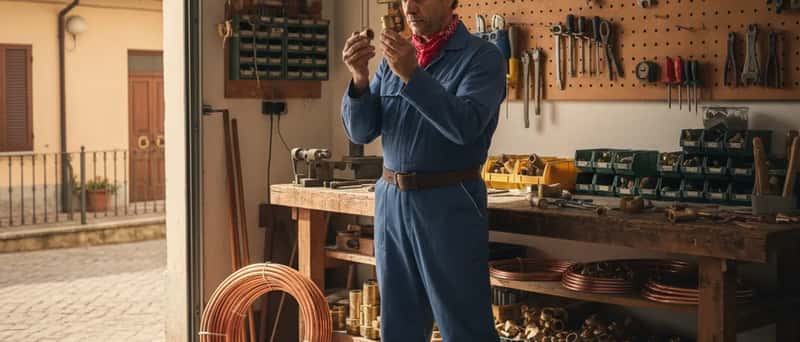 Idraulico italiano nel suo laboratorio organizza raccordi in rame e tubi su un banco da lavoro