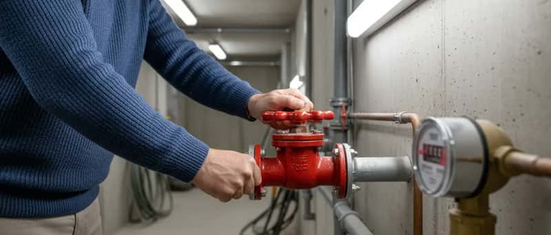 Mani che chiudono la valvola generale dell'acqua nel locale tecnico di un condominio italiano