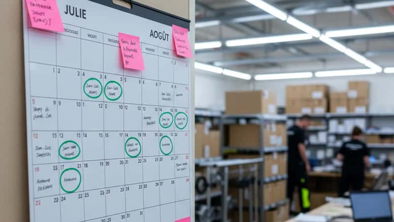 Semesterplanering i ett butikskontor: väggkalender med inbokade semester och klistermärken