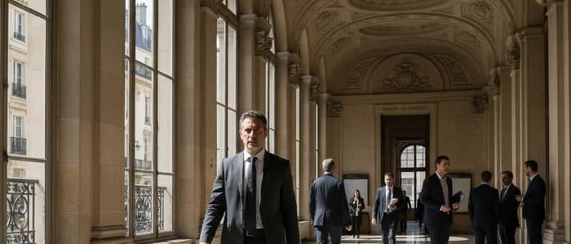 Homem de terno caminhando pelo corredor de um fórum brasileiro com piso de mármore e luz natural