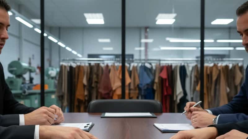 Salarié de l'industrie de la chaussure consultant un contrat de travail dans une usine française