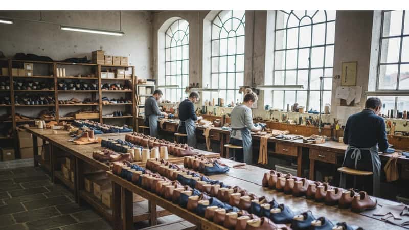 Atelier de fabrication de chaussures en cuir dans une usine française, ouvriers à leurs postes de travail