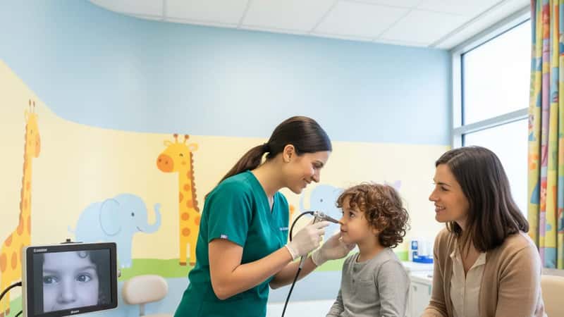 Pediatric ENT specialist using a flexible nasal endoscope on a young child in a colorful pediatric clinic, parent offering reassurance alongside