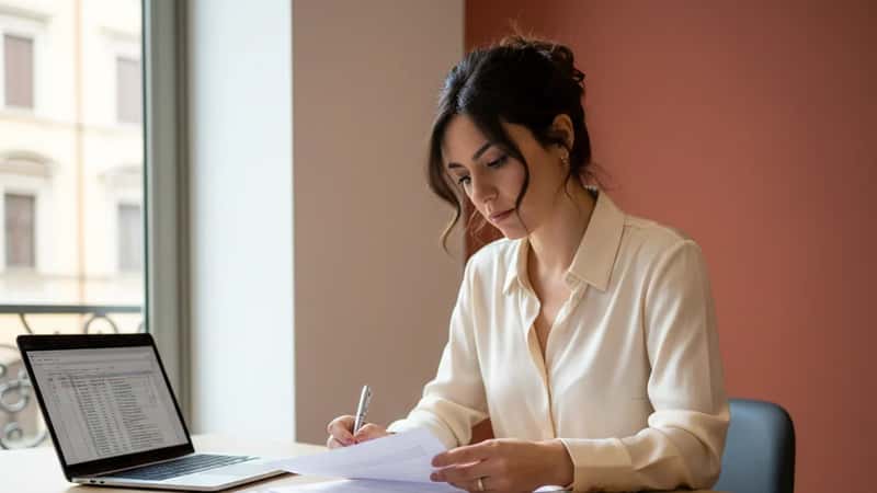 Responsabile HR in un ufficio di Bologna consulta un contratto di lavoro del settore pulizie