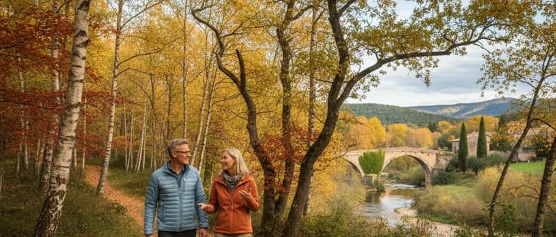 Två svenska vuxna promenerar tillsammans på en skogsväg omgiven av gyllene björkar på hösten