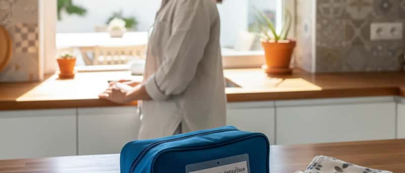 Kit de primeiros socorros para animais com compressas, soro fisiológico e termómetro digital numa bancada