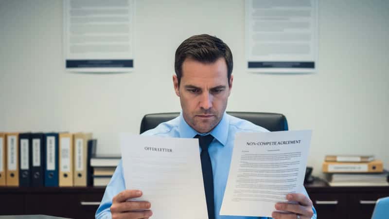 An HR professional in a Scottsdale law office comparing an offer letter and non-compete agreement side by side, employment files stacked nearby
