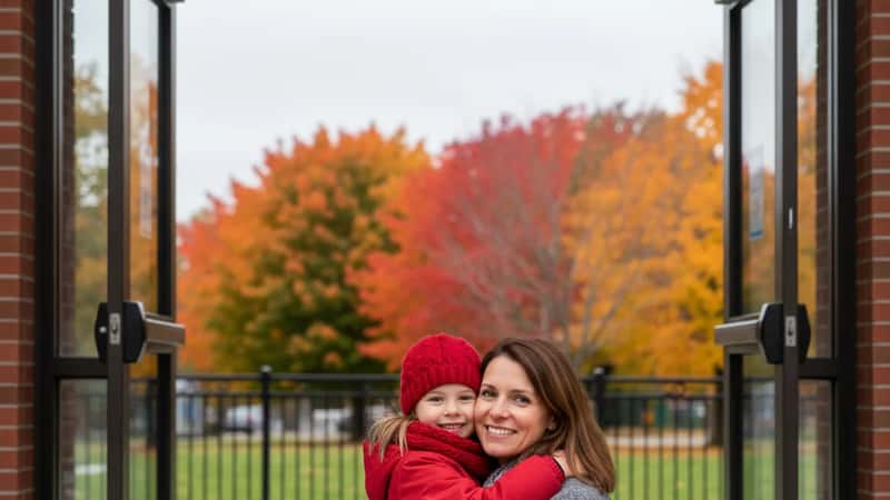 Mère québécoise retrouvant sa fille à la sortie de l'école à Gatineau après une séparation, moment de réconfort familial
