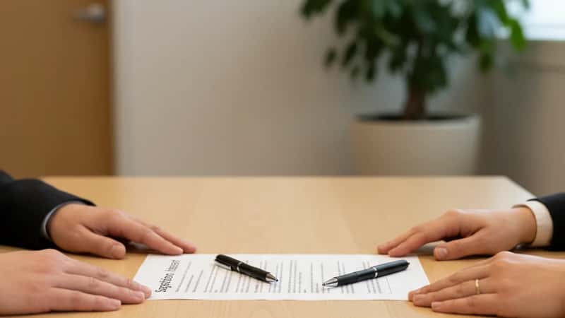 Mains posées de part et d'autre d'une table de médiation à Sherbrooke, avec un accord de séparation et des stylos, ambiance de négociation sans confrontation