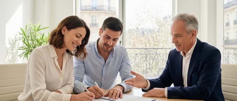 Couple signant un compromis de vente avec un conseiller juridique dans un bureau lumineux