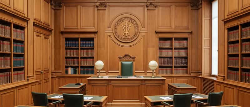 Salle d'audience d'un tribunal immobilier avec boiseries et livres de droit