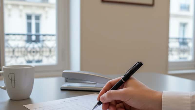 Close-up of a Nebraska time sheet with a hand circling the 30-minute unpaid lunch deduction, coffee cup and office supplies on desk, cool LED lighting