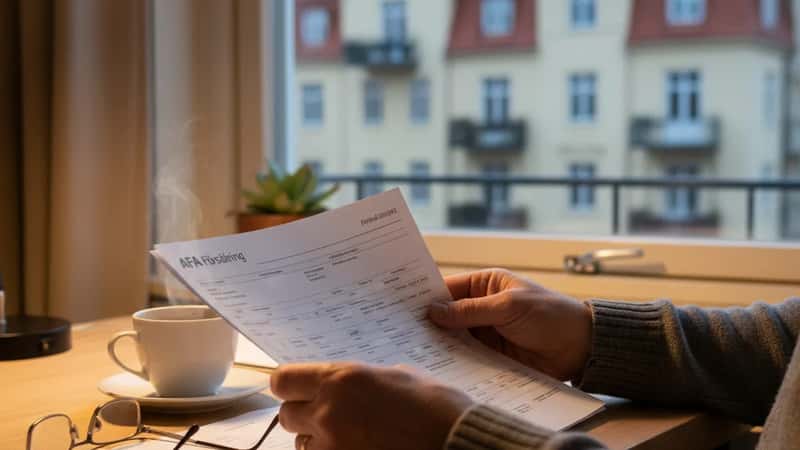 Elektrikers händer håller AFA Försäkring-broschyr och pensionsutdrag vid hemmakontoret i Göteborg, läsglasögon på papper, kvällsljus