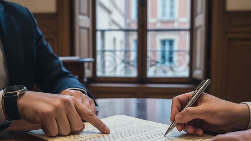 Deux parties en médiation à Toulouse : mains sur une table signant un accord, documents légaux et stylo posé prêt à signer