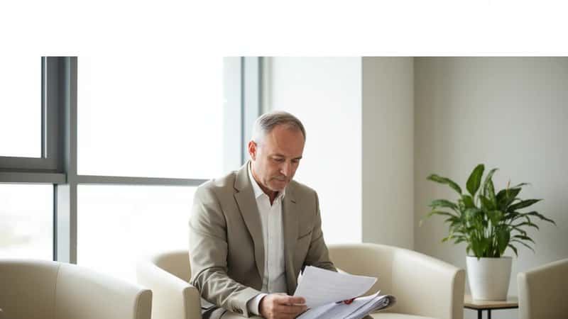 Homme de 55 ans en veste beige dans une salle d'attente d'un cabinet juridique à Grenoble, relisant des documents imprimés avant sa séance de médiation