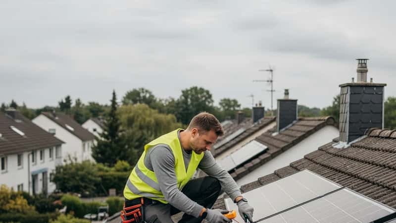 Elektriker in gelbem Sicherheitsweste prüft frisch installierte Solarmodule auf einem Hausdach in einem Kölner Vorort