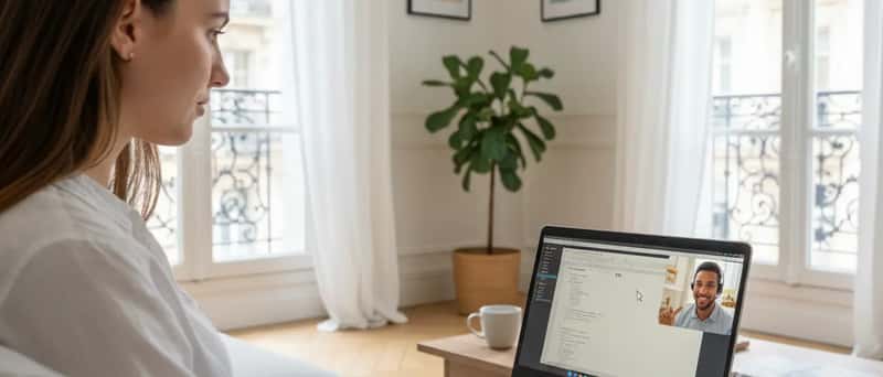 Personne utilisant un ordinateur portable avec une session de dépannage à distance dans un appartement français