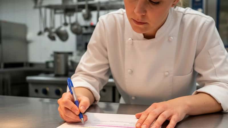 En dansk kvindelig kok i hvid jakke gennemgår Hotel- og Restaurantoverenskomsten med en pen på et rustfrit stålbord i et Aarhus-hotelkøkken