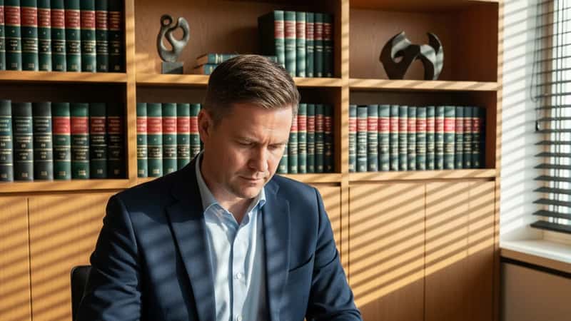 En dansk arbejdsretsjurist i et Odense-kontor gennemgår overenskomstens bestemmelser med annotationer og lovbøger i baggrunden