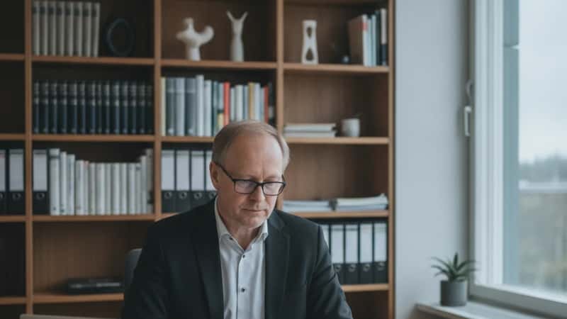 Suomalainen mies tarkastelee oikeudellisia asiakirjoja kotitoimistossaan Turussa, velkajärjestelyhakemuksen valmistelu