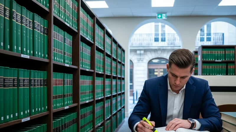 Employment attorney reviewing Arkansas Code Annotated statutes in a Fayetteville law library, highlighter in hand, forest green legal volumes filling the shelves