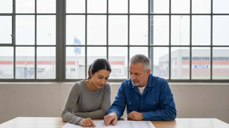 Two Arkansas manufacturing workers in Bentonville discussing a wage document at a break room table, one pointing at a paragraph, overcast daylight through industrial windows