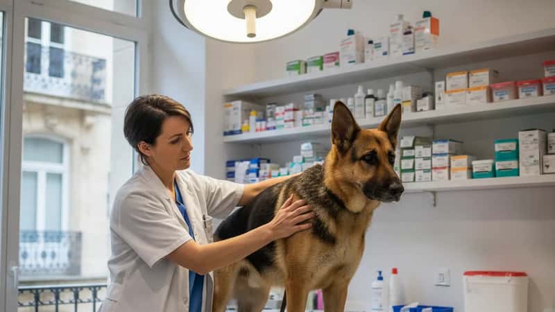 Un vétérinaire à Bordeaux effectuant l'examen obligatoire d'un berger allemand après un incident de morsure, observation vétérinaire réglementaire J0