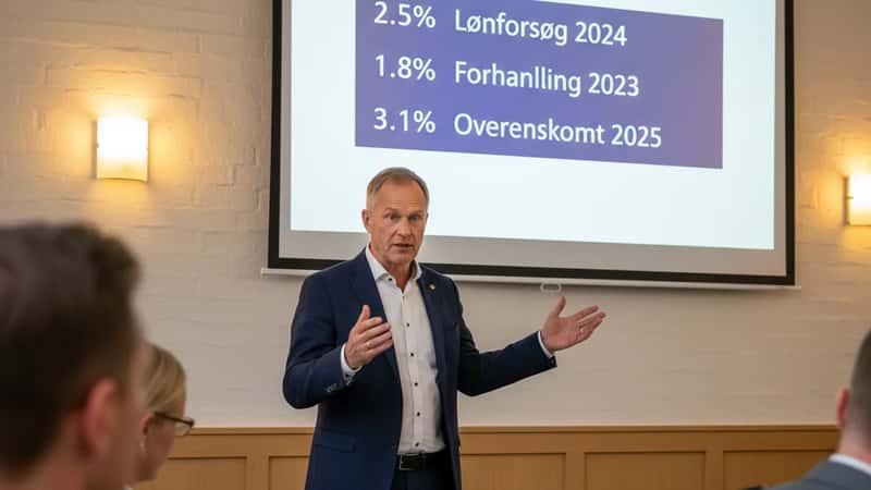 Politiforbundets tillidsrepræsentant forklarer OK26-lønstigninger på møde i Aarhus politiunionens mødelokale