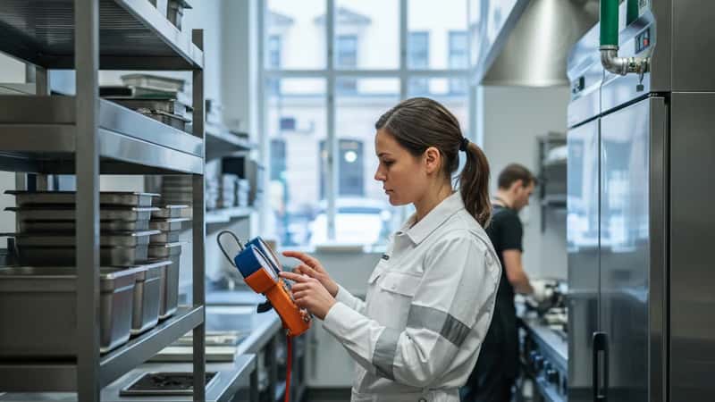 Kyltekniker kontrollerar en kylanläggning i ett restaurangkök i Stockholm med professionell mätinstrument