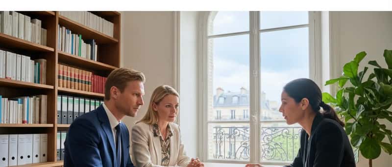 Svenskt par i 40-årsåldern diskuterar dokument med familjerättsadvokat på ett modernt kontor