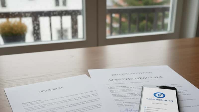 Oppsigelsesskriv og ansettelseskontrakt på bord i Kristiansand, med mobil som viser forbundskontakt