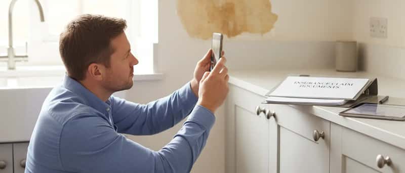 Homeowner photographing water damage on a wall with a smartphone in a British kitchen